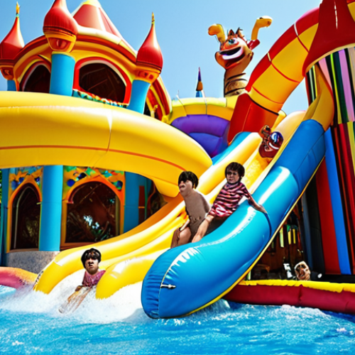 Home 26 **
A vibrant, sun-drenched scene inside "Kong Sung" amusement park. Focus on the water park area: kids laughing as they splash down massive water slides, colorful inflatable tubes swirling in a lazy river, and cartoon mascots interacting with families in a splash zone. Capture the feeling of joyful chaos and summer fun. Include elements of Arabic culture in the clothing of the families and the architectural details of the park.
**