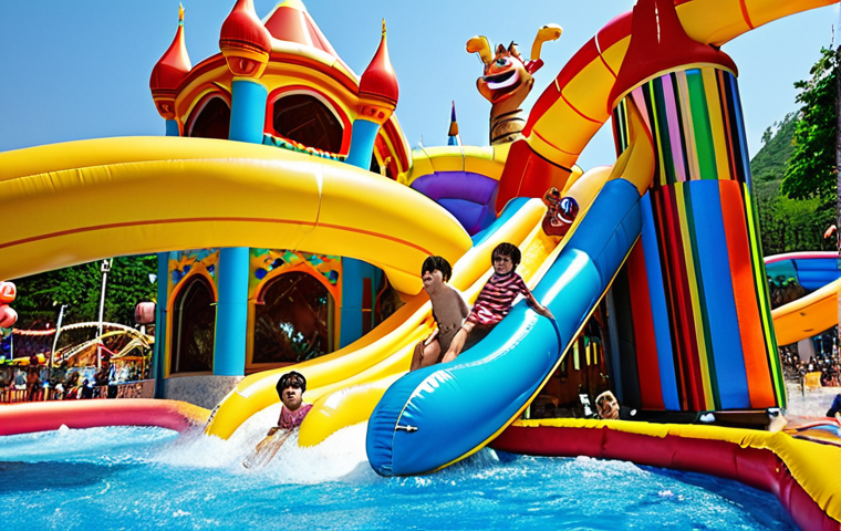 **

A vibrant, sun-drenched scene inside "Kong Sung" amusement park. Focus on the water park area: kids laughing as they splash down massive water slides, colorful inflatable tubes swirling in a lazy river, and cartoon mascots interacting with families in a splash zone. Capture the feeling of joyful chaos and summer fun. Include elements of Arabic culture in the clothing of the families and the architectural details of the park.

**
