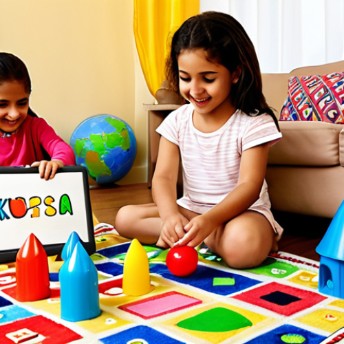 Home 25 Playful Learning with Kongsooni**
A group of happy children, aged 3-7 years and of diverse Arab ethnicity, are engaged in joyful educational play in a bright, inviting living space. Kongsooni dolls and interactive learning toys are central to their activities. One child is building a colorful castle with a Kongsooni doll, another is pointing to shapes or letters on an educational rug, while a third is singing along to a gentle tune playing in the background. The room features subtle, warm Middle Eastern inspired decor, like patterned cushions or a rug, bathed in natural, soft light. The overall mood is one of active learning, creativity, and happiness, emphasizing the seamless blend of entertainment and education.
**