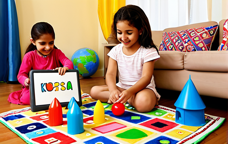 Playful Learning with Kongsooni**
A group of happy children, aged 3-7 years and of diverse Arab ethnicity, are engaged in joyful educational play in a bright, inviting living space. Kongsooni dolls and interactive learning toys are central to their activities. One child is building a colorful castle with a Kongsooni doll, another is pointing to shapes or letters on an educational rug, while a third is singing along to a gentle tune playing in the background. The room features subtle, warm Middle Eastern inspired decor, like patterned cushions or a rug, bathed in natural, soft light. The overall mood is one of active learning, creativity, and happiness, emphasizing the seamless blend of entertainment and education.

**