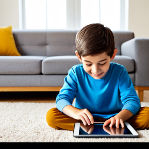 Home 24 A curious young child, approximately 6-7 years old, with a bright expression, fully clothed in modest, comfortable attire. They are sitting comfortably on a soft rug in a well-lit, family-friendly living room, attentively looking at a tablet displaying colorful, friendly cartoon characters. The screen shows a scene promoting teamwork and problem-solving. The background is slightly blurred to keep focus on the child and screen. The overall image should convey a positive, educational, and safe digital experience. Perfect anatomy, correct proportions, well-formed hands, natural body proportions, natural pose. Professional photography, high-quality, safe for work, appropriate content, family-friendly, fully clothed.