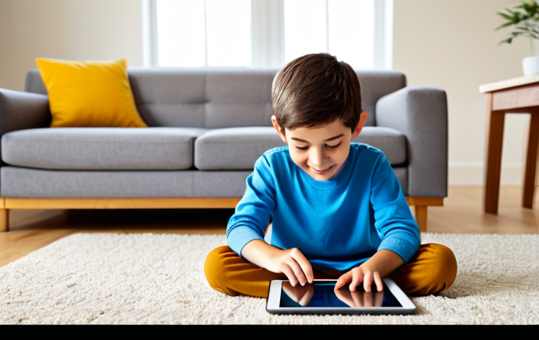 A curious young child, approximately 6-7 years old, with a bright expression, fully clothed in modest, comfortable attire. They are sitting comfortably on a soft rug in a well-lit, family-friendly living room, attentively looking at a tablet displaying colorful, friendly cartoon characters. The screen shows a scene promoting teamwork and problem-solving. The background is slightly blurred to keep focus on the child and screen. The overall image should convey a positive, educational, and safe digital experience. Perfect anatomy, correct proportions, well-formed hands, natural body proportions, natural pose. Professional photography, high-quality, safe for work, appropriate content, family-friendly, fully clothed.
