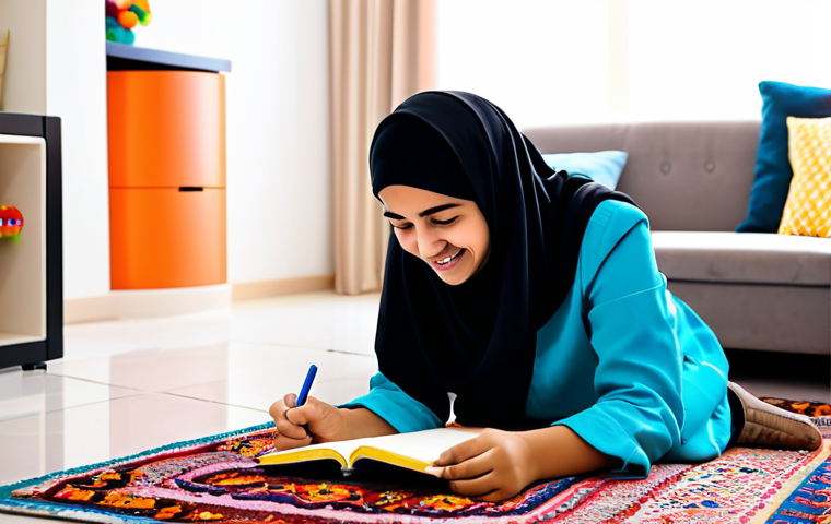 A cheerful young Arab child, fully clothed in modest, age-appropriate attire, happily interacting with a friendly animated character in a bright, cozy playroom. The character and child are sharing colorful building blocks and a sketchbook, demonstrating cooperation and creative play. The room features soft, diffused lighting and subtle, family-friendly Arab home decor elements like patterned rugs and cushions. The overall scene conveys warmth and joy. Safe for work, appropriate content, fully clothed, family-friendly, perfect anatomy, correct proportions, natural pose, well-formed hands, proper finger count, professional studio photography, high quality, vibrant colors.
