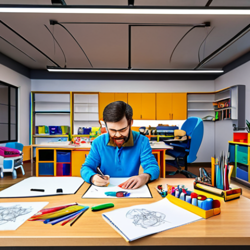 Home 12 Consoni Toy Design Studio**
"A bright and cheerful design studio filled with colorful sketches and prototypes of Consoni characters, fully clothed designers working on new toy designs, appropriate attire, safe for work, professional environment, perfect anatomy, natural proportions, high-quality rendering, modest workspace."
**
