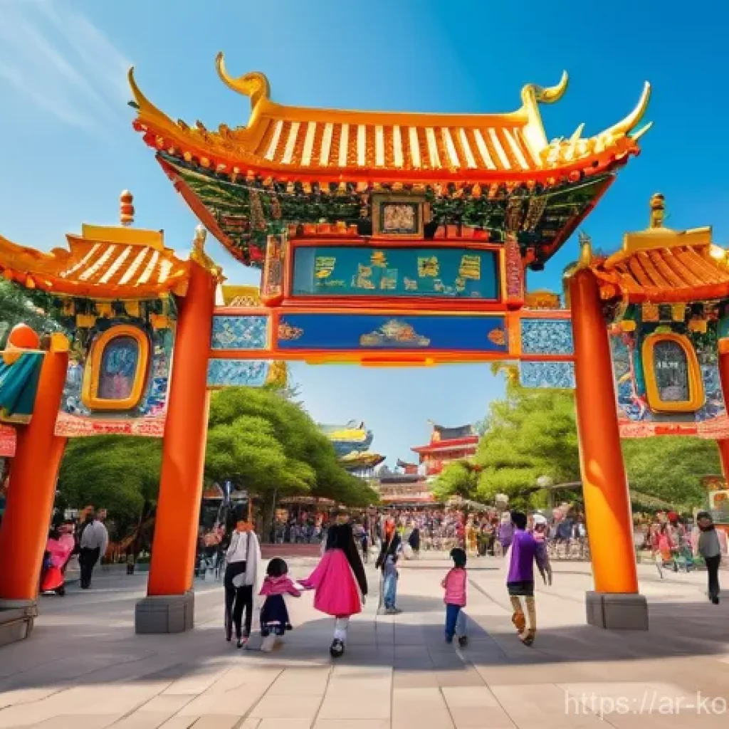 콩순이 테마파크 체험 - **Prompt:** "A vibrant, wide-angle, highly detailed photograph capturing the bustling and joyful ent...