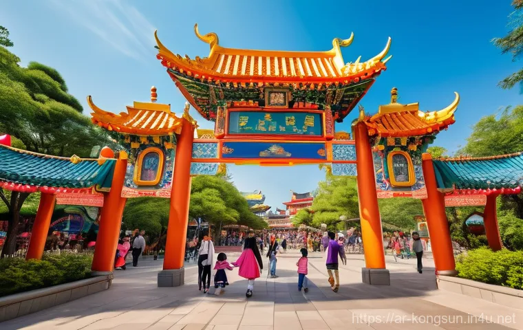 콩순이 테마파크 체험 - **Prompt:** "A vibrant, wide-angle, highly detailed photograph capturing the bustling and joyful ent...