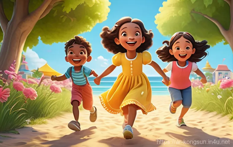 콩순이 애니메이션 시즌별 인기 - Prompt 1: Joyful Outdoor Play with Kongsooni and Friends**