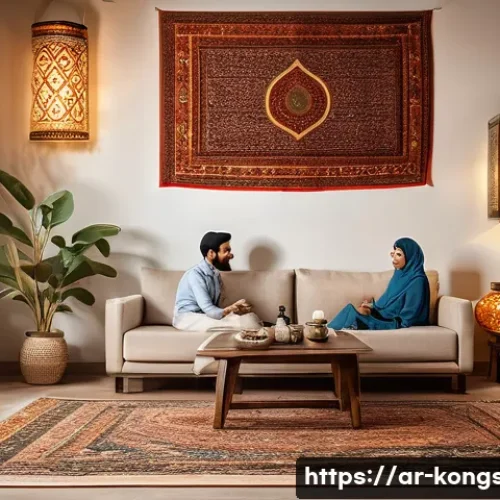 콩순이 애니메이션 방영 시간 - A cozy Arabic family living room setting during late afternoon, with a mother and father sitting on ...