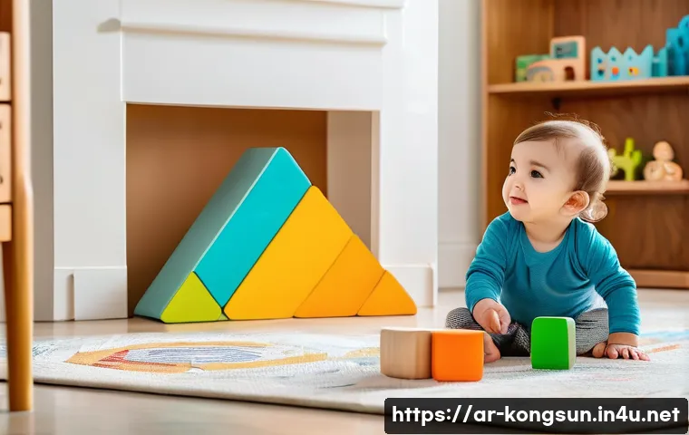 콩순이 굿즈 - A bright and colorful playroom scene featuring a toddler wearing a diaper, happily playing with educ...