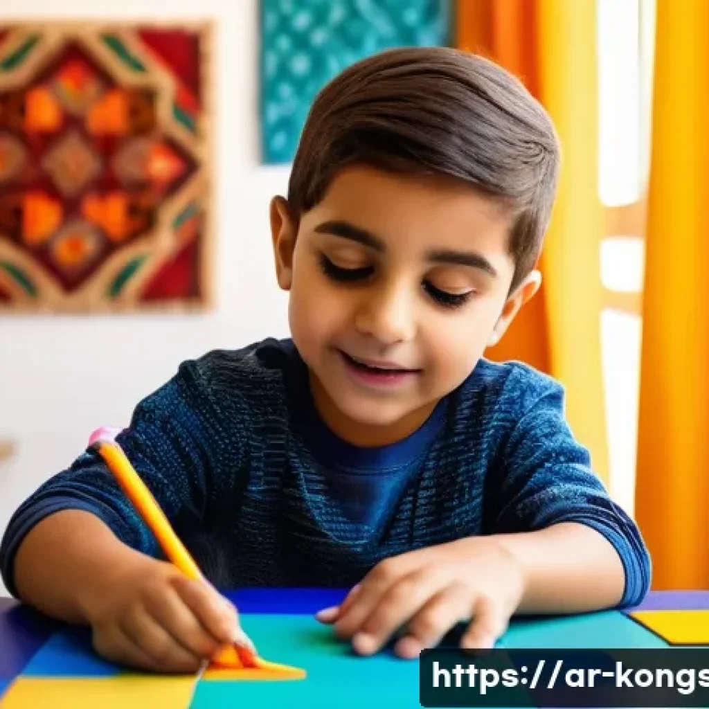 콩순이와 함께하는 DIY - A vibrant and colorful educational playroom scene featuring an Arab child wearing modest clothing an...