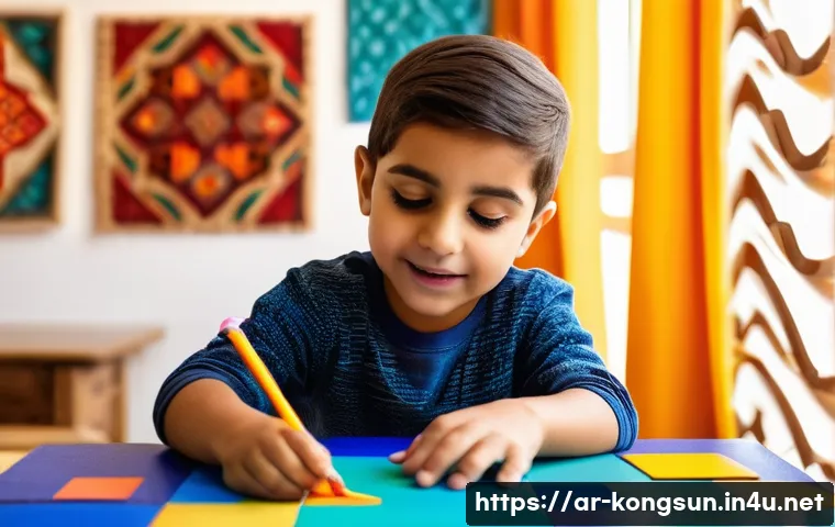 콩순이와 함께하는 DIY - A vibrant and colorful educational playroom scene featuring an Arab child wearing modest clothing an...