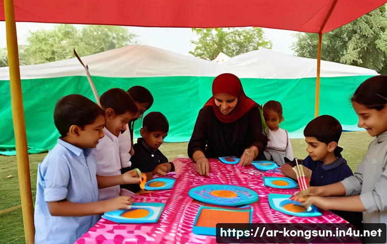 콩순이 관련 행사 정보 - A vibrant and lively scene at a Kongsoni interactive workshop for children aged 4-10, set outdoors u...