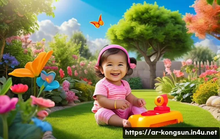 콩순이 콘텐츠의 색감 분석 - A vibrant and colorful animated scene featuring a cheerful young child wearing bright, playful cloth...