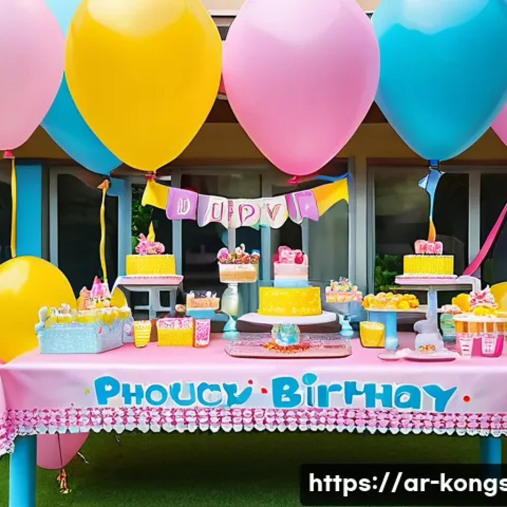 콩순이 생일 파티 테마 - A vibrant children's birthday party scene inspired by the character "Kongsuni," featuring colorful d...