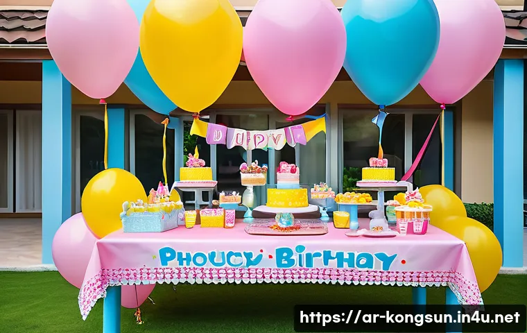콩순이 생일 파티 테마 - A vibrant children's birthday party scene inspired by the character "Kongsuni," featuring colorful d...