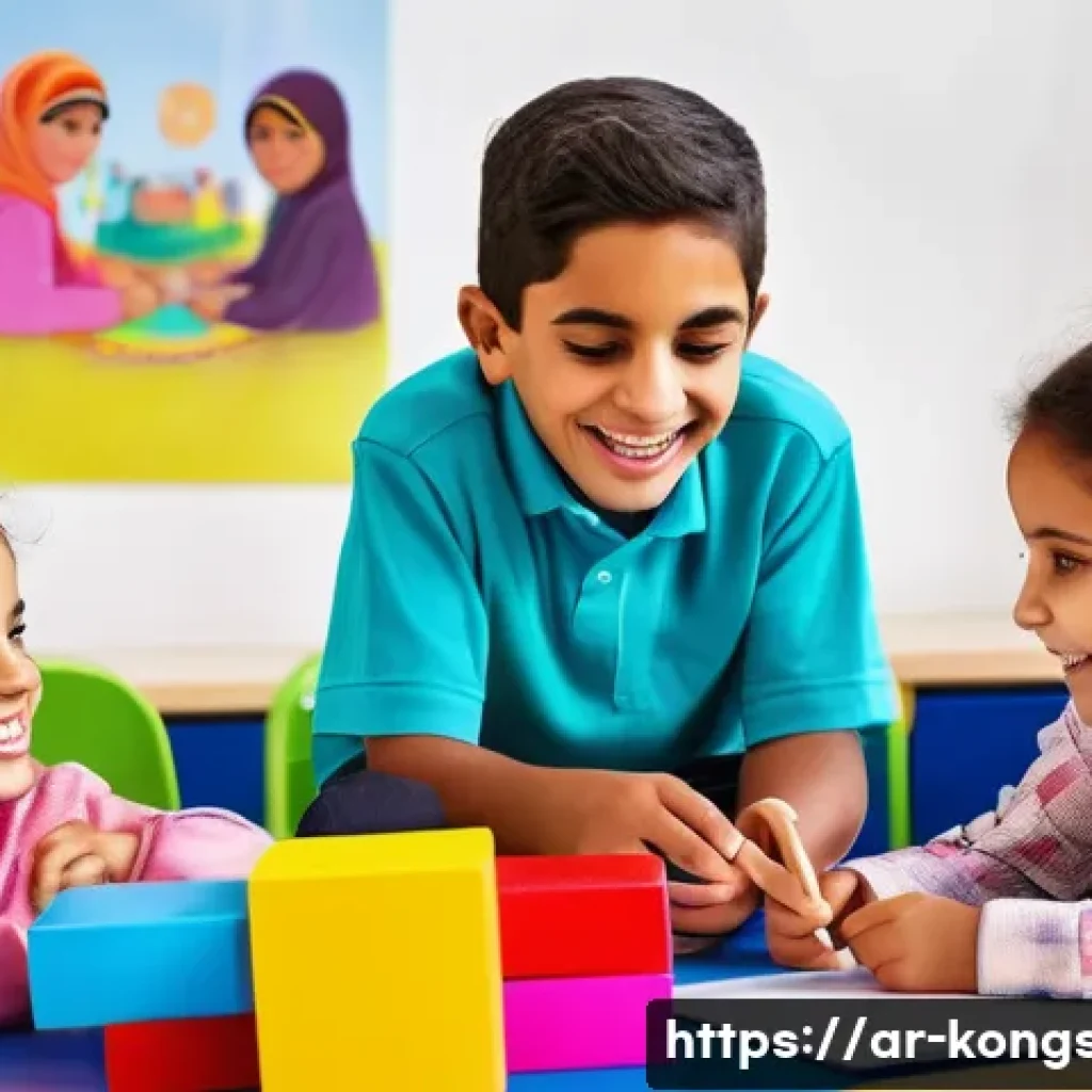 콩순이 애니메이션의 제작 목표 - A vibrant classroom scene featuring diverse Arab children aged 5-7, all wearing colorful clothes and...