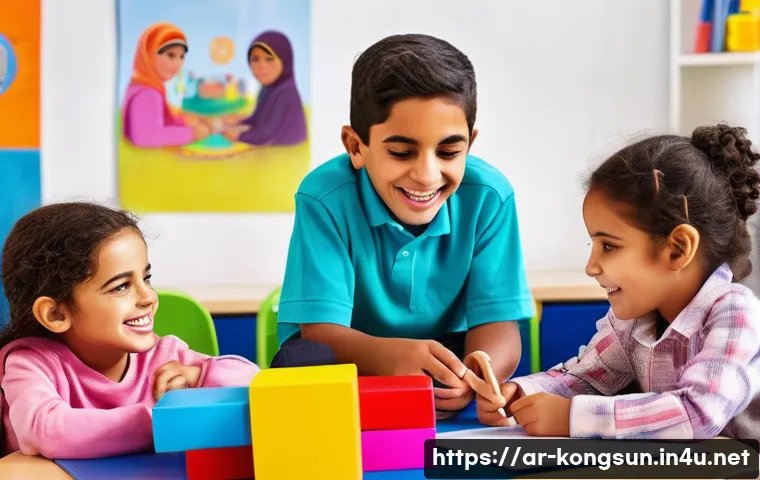 콩순이 애니메이션의 제작 목표 - A vibrant classroom scene featuring diverse Arab children aged 5-7, all wearing colorful clothes and...