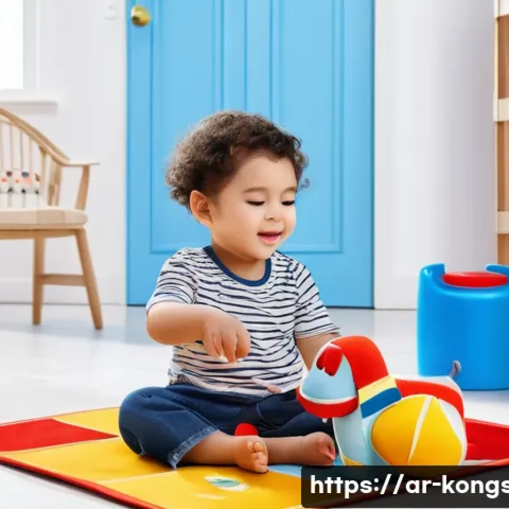 콩순이 완구의 안전성 - A bright and colorful children’s playroom featuring a toddler playing happily with a “콩순이” toy doll ...