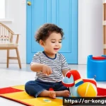 콩순이 완구의 안전성 - A bright and colorful children’s playroom featuring a toddler playing happily with a “콩순이” toy doll ...
