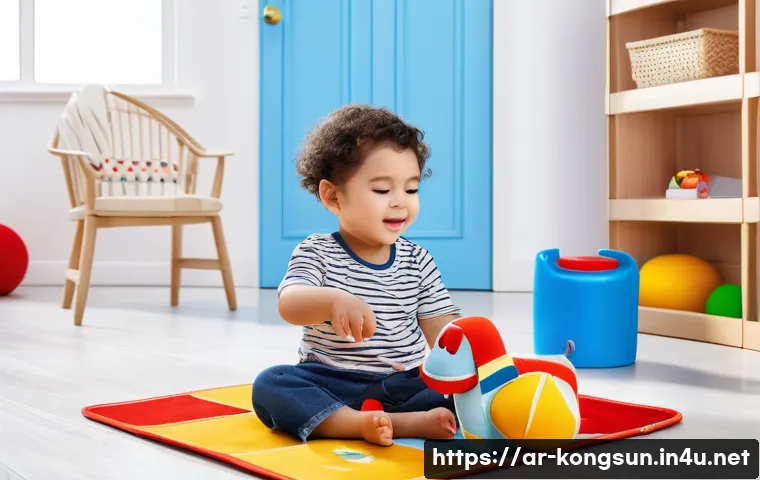 콩순이 완구의 안전성 - A bright and colorful children’s playroom featuring a toddler playing happily with a “콩순이” toy doll ...