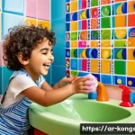 콩순이로 배우는 생활습관 - A cheerful Middle Eastern family bathroom scene showing a young Arab child wearing colorful underwea...
