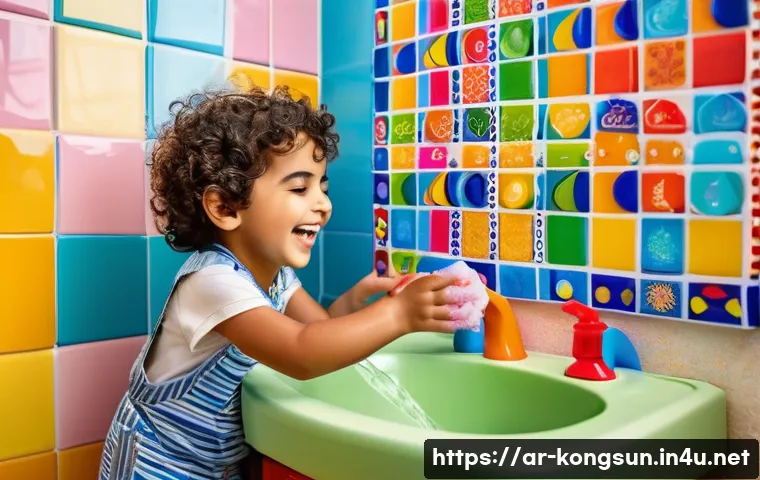 콩순이로 배우는 생활습관 - A cheerful Middle Eastern family bathroom scene showing a young Arab child wearing colorful underwea...