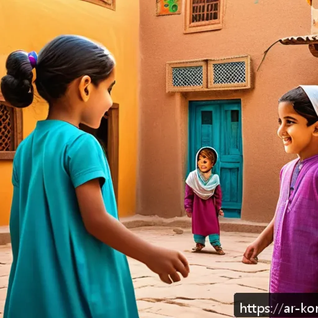 콩순이 캐릭터별 인기 랭킹 - A vibrant scene featuring Kongsoni characters in a colorful Arab-style village setting, showcasing t...