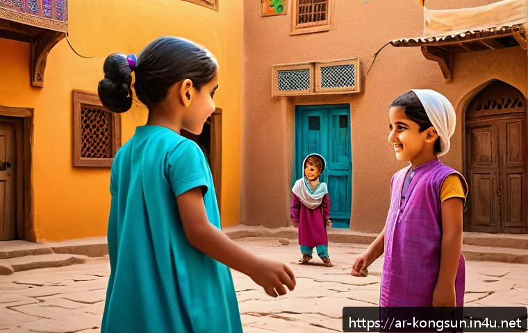 콩순이 캐릭터별 인기 랭킹 - A vibrant scene featuring Kongsoni characters in a colorful Arab-style village setting, showcasing t...