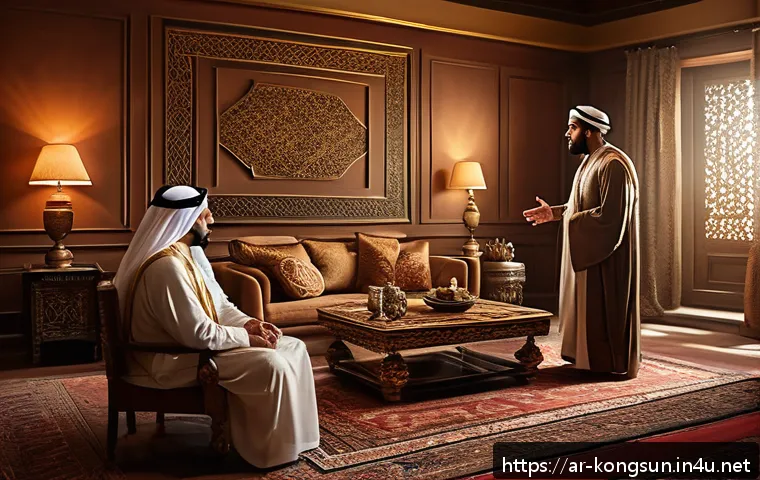 콩순이 애니메이션의 스토리보드 - A detailed storyboard scene showing a dramatic family confrontation in a traditional Middle Eastern ...