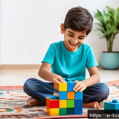 콩순이 블록놀이 - A joyful Arab child wearing colorful casual clothes and sitting on a soft carpet in a bright, tidy l...