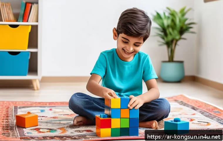 콩순이 블록놀이 - A joyful Arab child wearing colorful casual clothes and sitting on a soft carpet in a bright, tidy l...