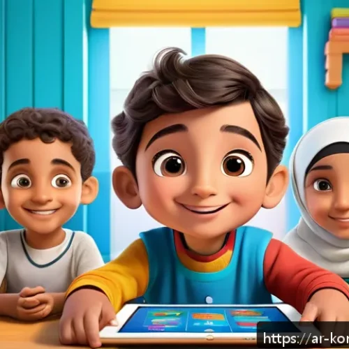 콩순이 캐릭터와 교육 심리 - A vibrant classroom scene set in a Middle Eastern home environment, featuring a curious young Arab c...