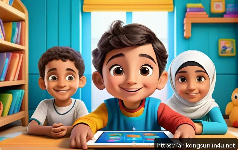 콩순이 캐릭터와 교육 심리 - A vibrant classroom scene set in a Middle Eastern home environment, featuring a curious young Arab c...