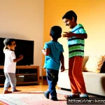 콩순이 애니메이션의 OST - Photorealistic joyful children’s music scene in a sunlit Arab family living room, three fully clothe...