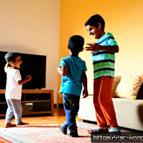 콩순이 애니메이션의 OST - Photorealistic joyful children’s music scene in a sunlit Arab family living room, three fully clothe...