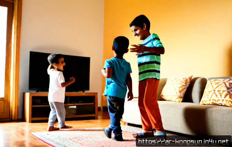콩순이 애니메이션의 OST - Photorealistic joyful children’s music scene in a sunlit Arab family living room, three fully clothe...