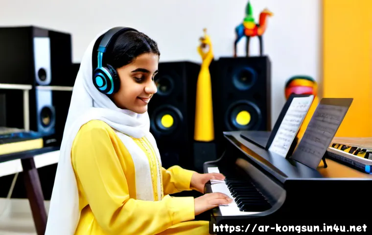 콩순이 주제가 작곡 비하인드 - Photorealistic behind-the-scenes children’s theme song composition session, Arab female music compos...