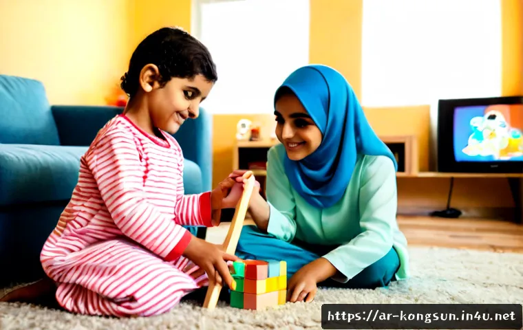 콩순이 애니메이션의 교훈 - Photorealistic Arab family living room, two young children in modest colorful home clothes peacefull...