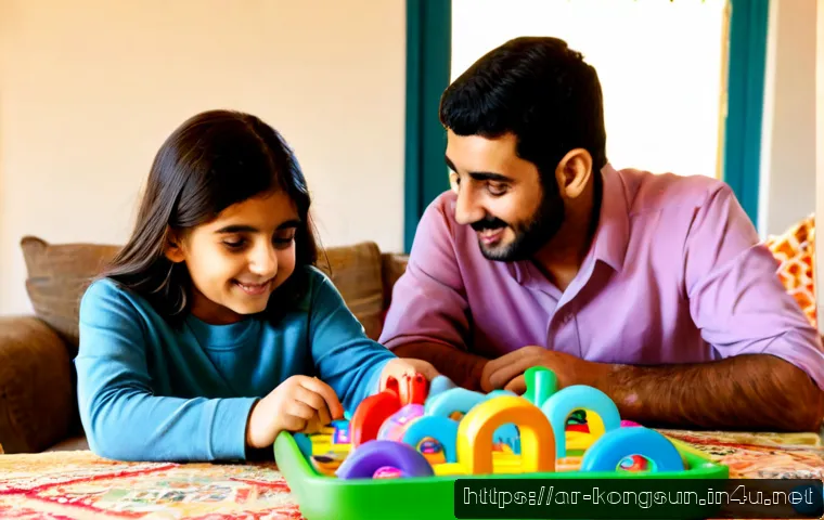 콩순이와 부모님 리뷰 - Photorealistic Arab mother, father, and young daughter warmly evaluating a colorful generic children...