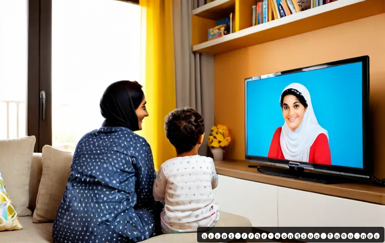 콩순이 에피소드 주제별 정리 - Photorealistic bright family living room in a contemporary Arab home, a young child in modest colorf...
