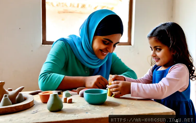 콩순이와 함께하는 체험 프로그램 - Photorealistic children’s hands-on learning workshop in a bright community center, Arab mother and t...