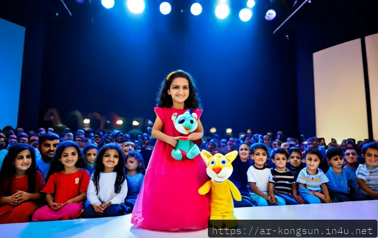 콩순이 라이브 쇼 - Photorealistic family-friendly children’s live stage show in a modern Arab shopping mall auditorium,...