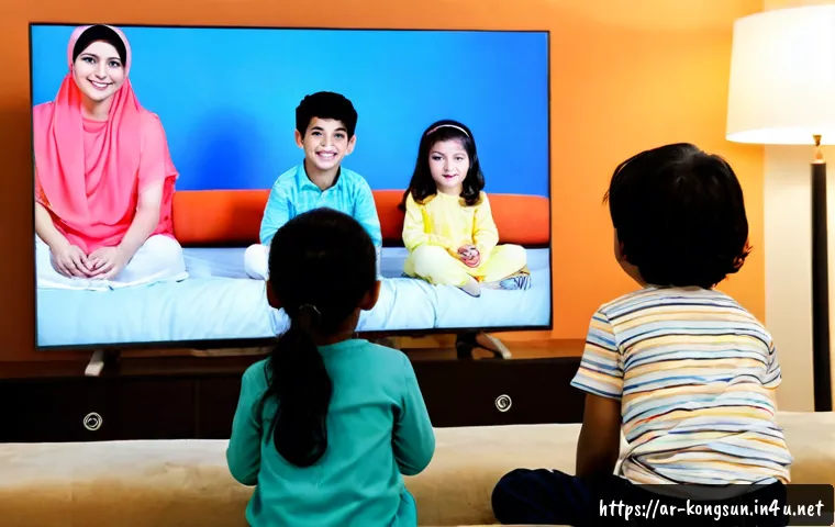 콩순이의 해외 반응 - Photorealistic family living room in Riyadh, three Arab children in modest colorful casual clothes w...