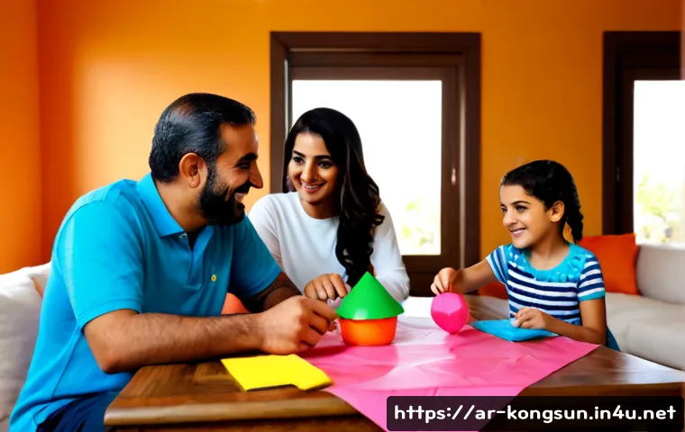 Home 30 콩순이와 함께하는 가족 활동 - Photorealistic Arab family enjoying a cheerful indoor craft activity together, parents and two child...