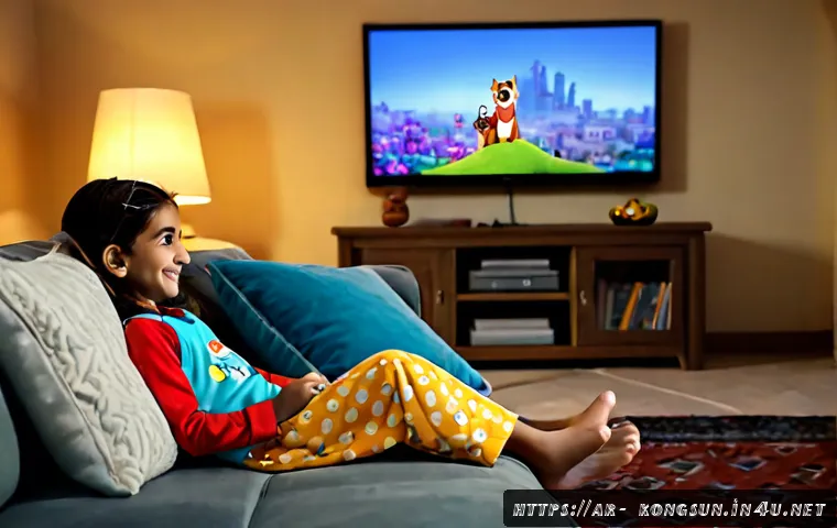Home 17 콩순이 애니메이션 예고편 - Photorealistic family-friendly animation trailer viewing scene, a young Arab girl in colorful modest...